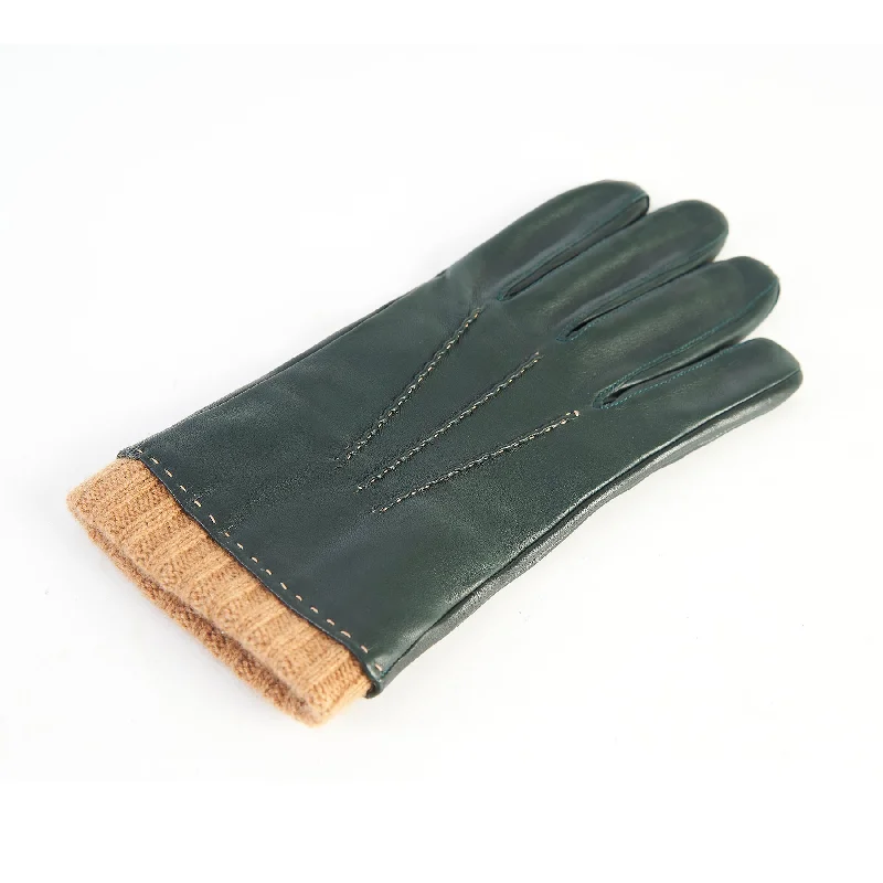 Men's green nappa leather gloves with coloured cashmere lining and cuff