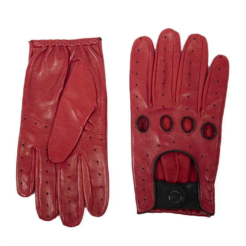 Men's unlined red leather driving gloves with button closure