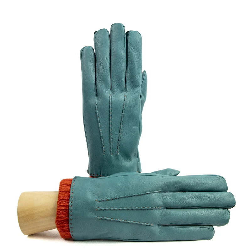 Men's teal nappa leather gloves with coloured cashmere lining and cuff