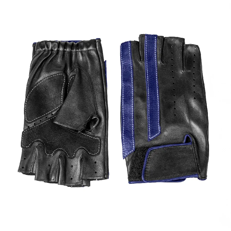 Men's unlined half fingers driving gloves in black nappa leather with blue leather strips