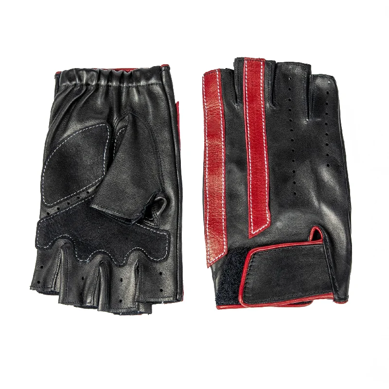 Men's unlined half fingers driving gloves in black nappa leather with red leather strips