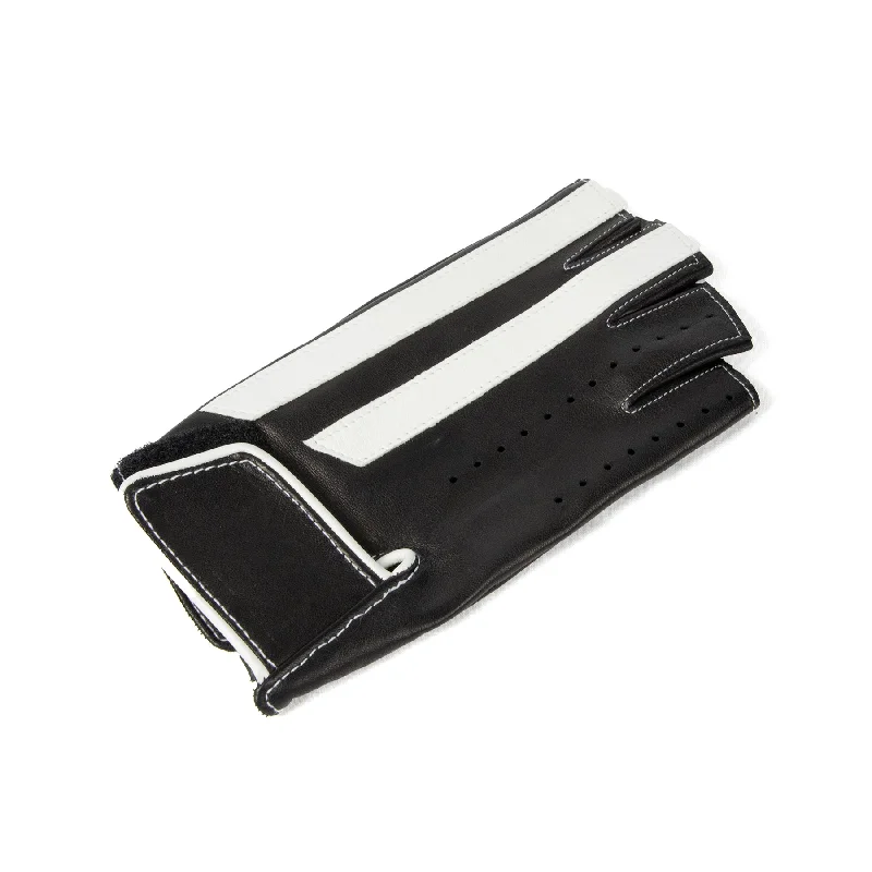 Men's unlined half fingers driving gloves in black nappa leather with white leather strips