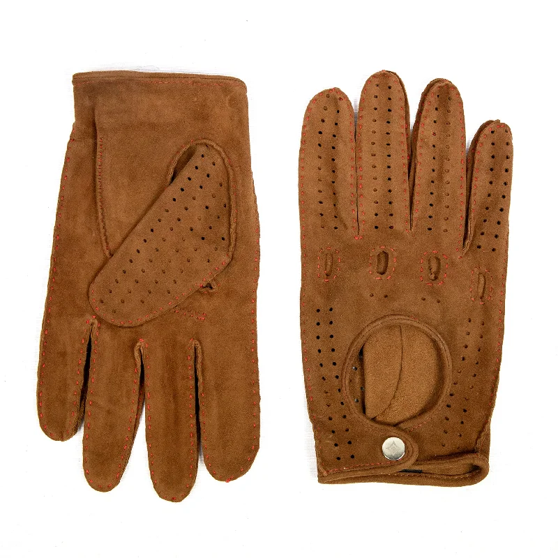 Men's unlined hand-stitched suede driving gloves in tobacco color with button closure