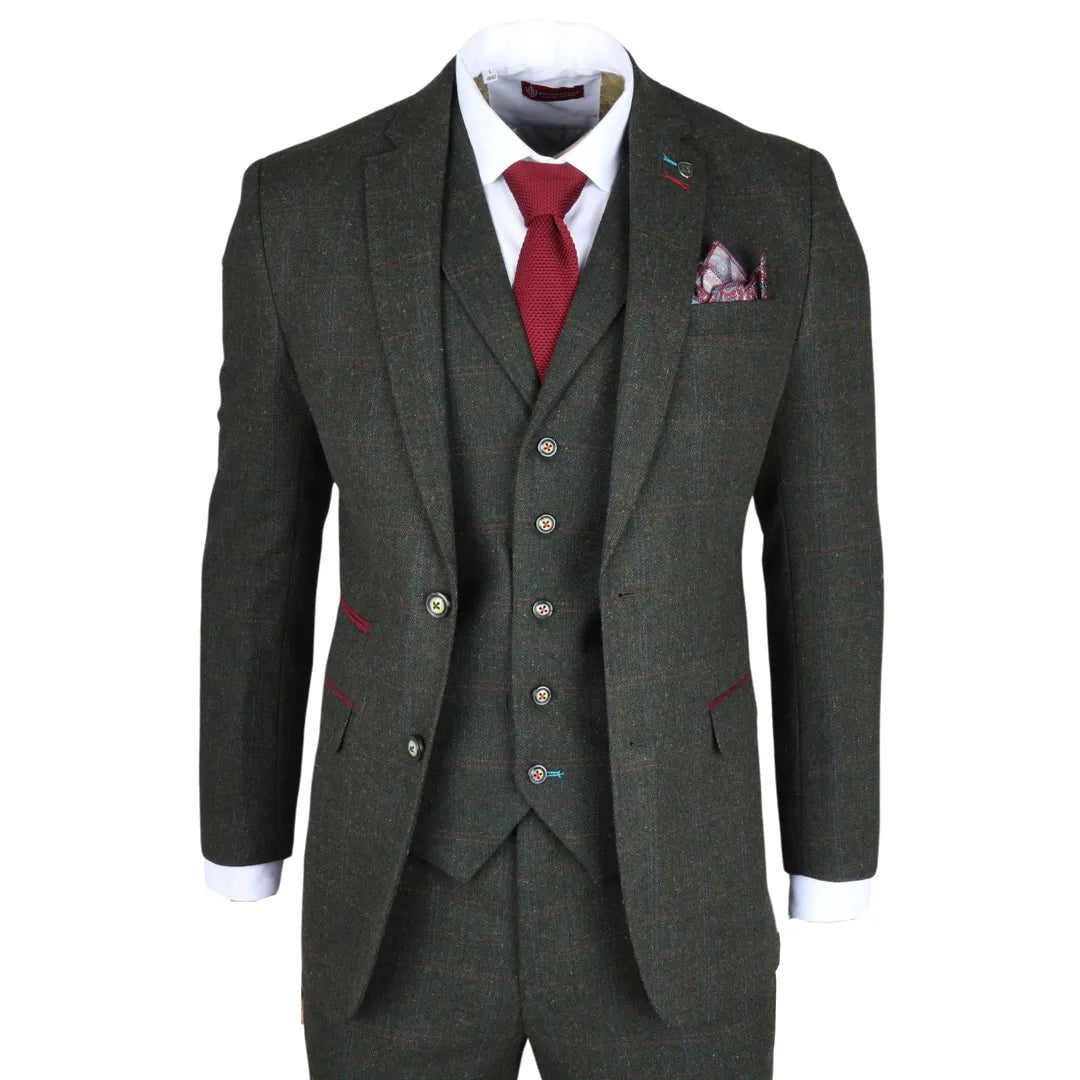 Joshua - Men's 3 Piece Green Tweed Slim Fit Suit