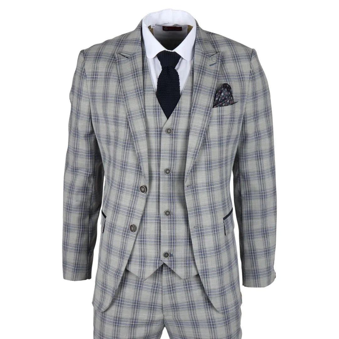 Knight - Men's 3 Piece Grey Blue Checked Suit