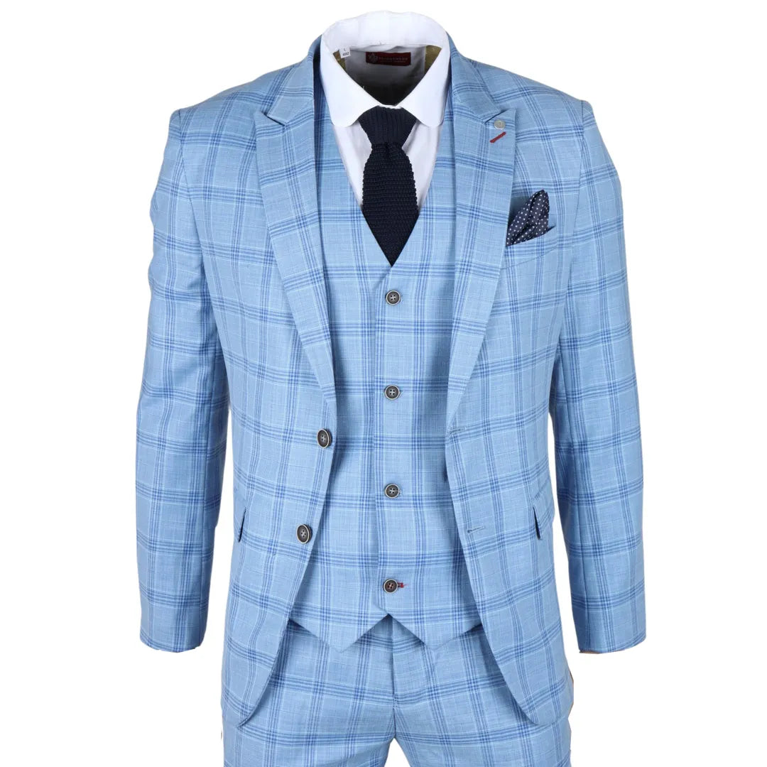 Plowman - Men's 3 Piece Light Blue Checked Suit