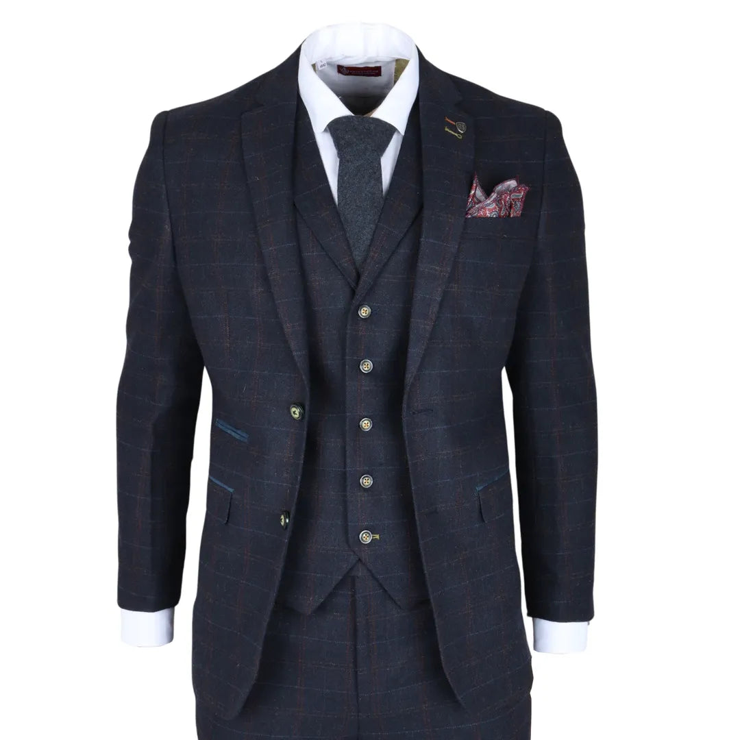 Ryan - Men's 3 Piece Navy Tweed Slim Fit Suit