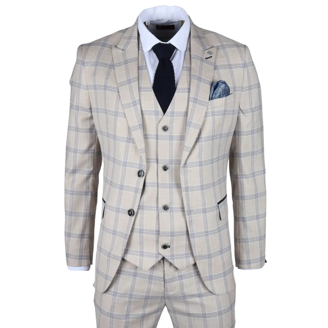 Warwick - Men's 3 Piece Beige Checked Suit