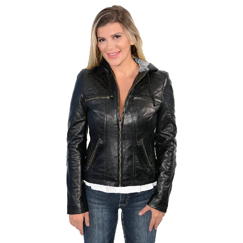 Women's hoodie with a kangaroo pocket and a pom - pom drawstring for added charm Milwaukee Leather SFL2810 Women's Black Scuba Style Fashion Leather Jacket with Drawstring and Hoodie Women's hoodie with a kangaroo pocket and a pom - pom drawstring for added charm Milwaukee Leather SFL2810 Women's Black Scuba Style Fashion Leather Jacket with Drawstring and Hoodie