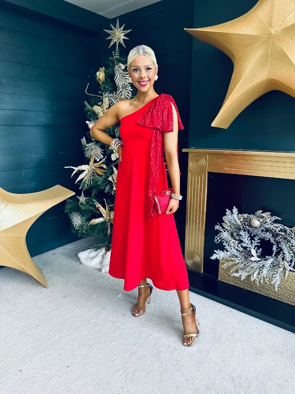 Maxi dresses with side slits for a touch of allure Hailey Sequin Bow Detail Dress Red