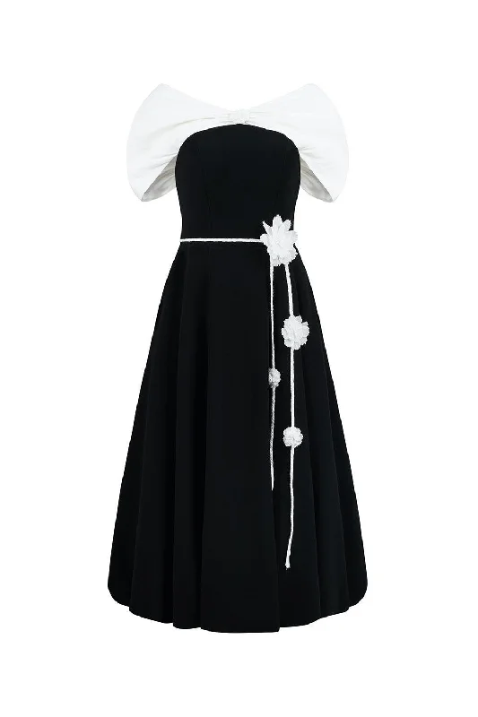 Midi dresses with button - down skirts for a unique and functional design Raven A-line Off-Shoulder Poly Silk Midi Dress Midi dresses with button - down skirts for a unique and functional design Raven A-line Off-Shoulder Poly Silk Midi Dress