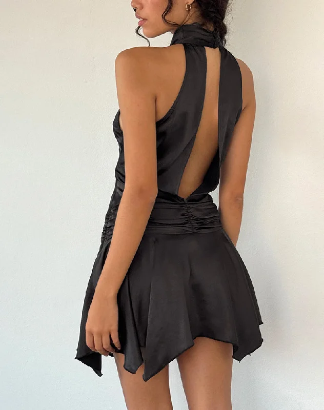 Printed mini dresses for a casual day out Hydri Satin Halterneck Mini Dress in Black Printed mini dresses for a casual day out Hydri Satin Halterneck Mini Dress in Black