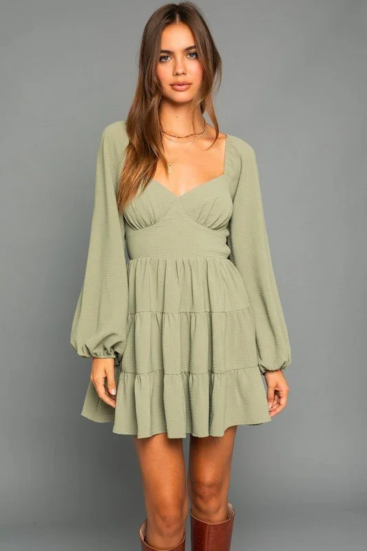 Satin mini dresses for a luxurious feel Long Sleeve Tiered Open Back Dress