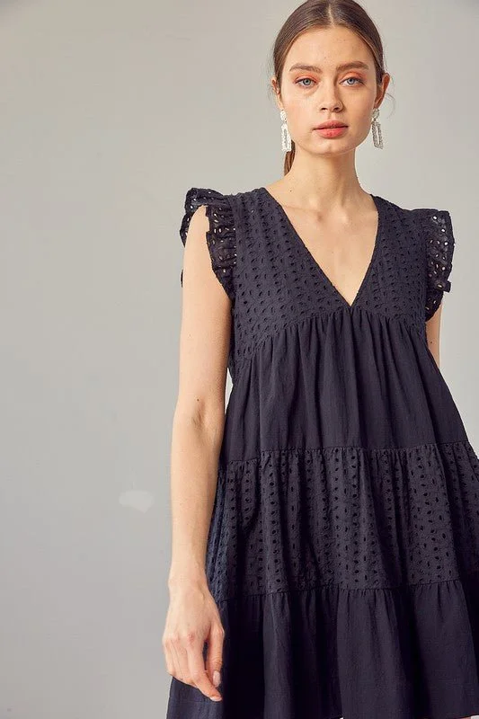 Linen mini dresses for a breathable summer option Black V-Neck Eyelet Mini Dress