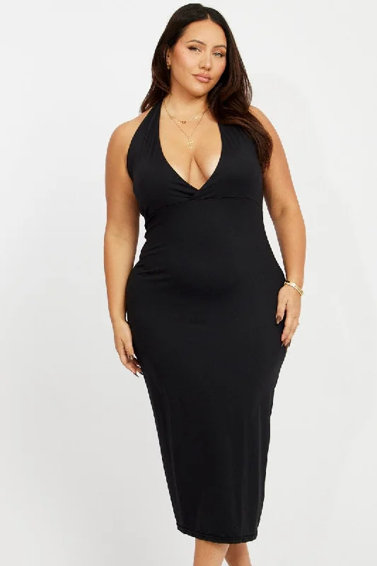 Bodycon dress with a lace - up front​ Black Halterneck Supersoft Bodycon Maxidress