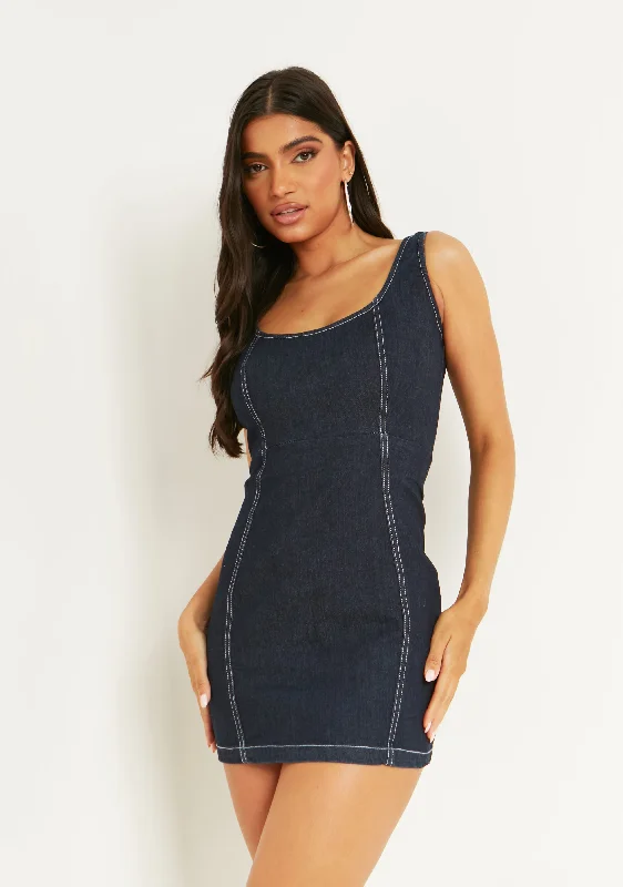 Bodycon dress with a cold - shoulder design Giana Blue Denim Contrast Seam Mini Dress Bodycon dress with a cold - shoulder design Giana Blue Denim Contrast Seam Mini Dress