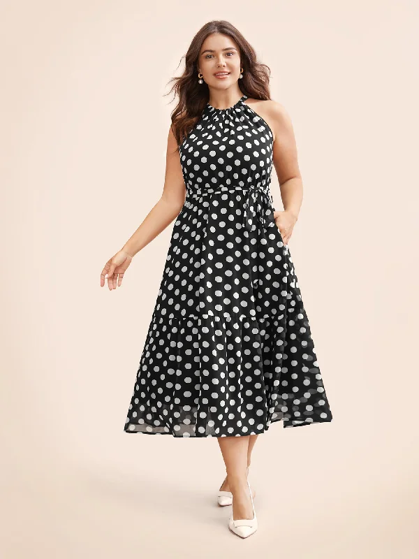 Lace - trimmed wedding guest dresses in blush pink Halter Polka Dot Ruffle Hem Belted Dress