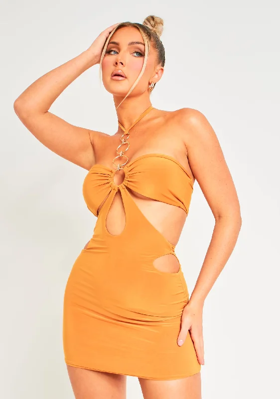 Bodycon dress with a floral print for a feminine touch Indie Orange O Ring Halterneck Cut Out Slinky Mini Dress Bodycon dress with a floral print for a feminine touch Indie Orange O Ring Halterneck Cut Out Slinky Mini Dress