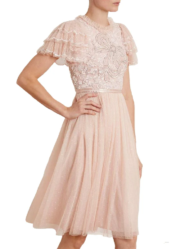 Wedding guest dresses with gathered skirts and V - necklines Blush Shirley Ribbon Embellished Midi Dress Wedding guest dresses with gathered skirts and V - necklines Blush Shirley Ribbon Embellished Midi Dress