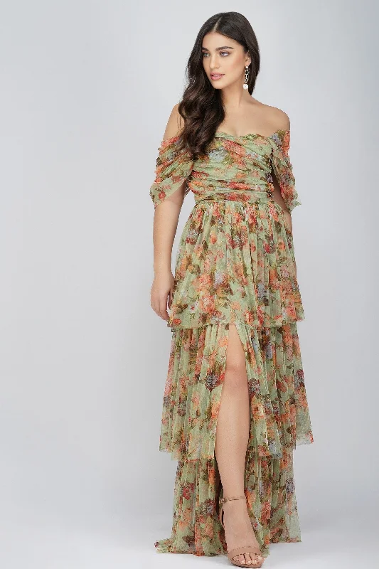 Wedding guest dresses with puff sleeves and knee - length hems Sydney Tulle Maxi Dress in Green Floral Wedding guest dresses with puff sleeves and knee - length hems Sydney Tulle Maxi Dress in Green Floral