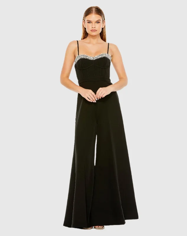 Formal dresses with embroidered panels and tulle overlays for a fairytale prom Slim Strap Beaded Bustier Top Jumpsuit Formal dresses with embroidered panels and tulle overlays for a fairytale prom Slim Strap Beaded Bustier Top Jumpsuit
