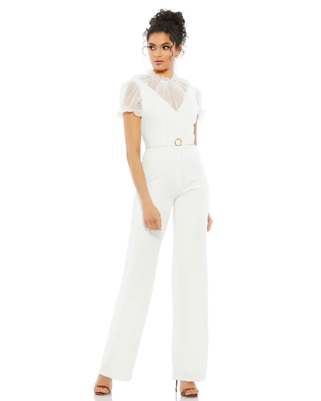 Formal dresses with tiered skirts and pearl embellishments for a luxurious feel White Belted Illusion High Neck Cap Sleeve Jumpsuit Formal dresses with tiered skirts and pearl embellishments for a luxurious feel White Belted Illusion High Neck Cap Sleeve Jumpsuit