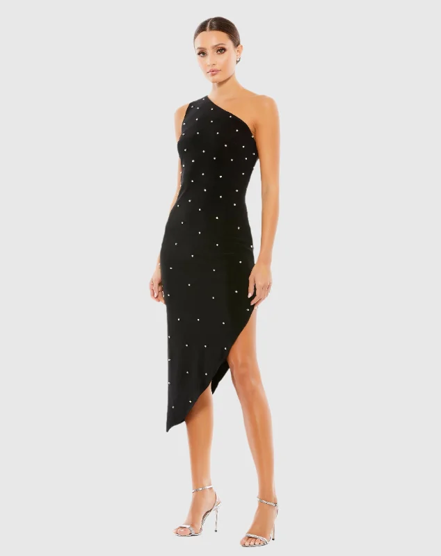 Prom dresses with cold - shoulder ruffled sleeves and floral prints for a romantic and fashionable style Rhinestone Encrusted One Shoulder Asymmetrical Hem Midi Dress Prom dresses with cold - shoulder ruffled sleeves and floral prints for a romantic and fashionable style Rhinestone Encrusted One Shoulder Asymmetrical Hem Midi Dress
