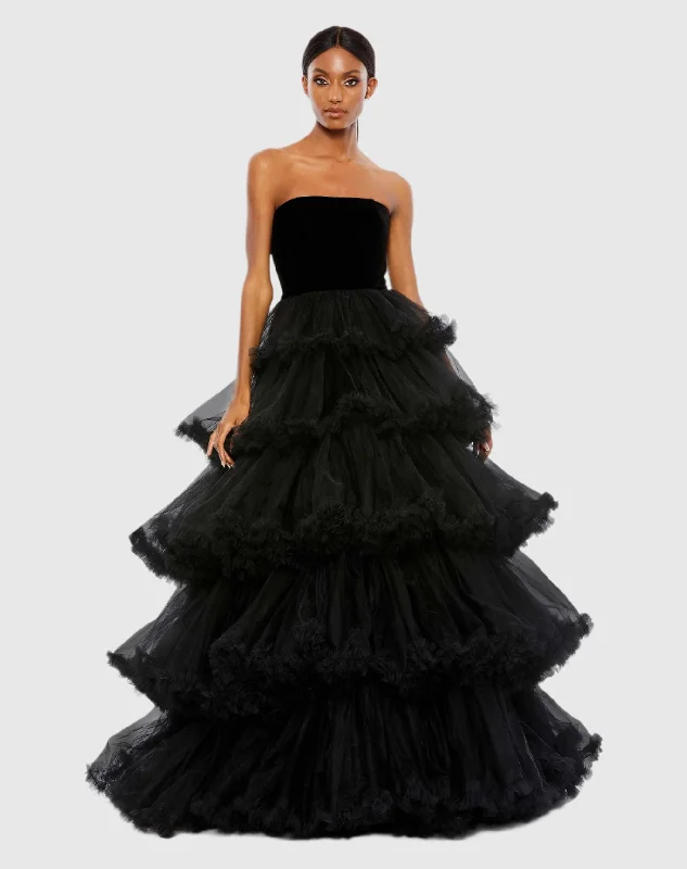 Prom dresses with geometric - cutout sleeves and flowing chiffon fabrics for a modern and airy look Strapless Tiered Ruffle Ballgown Prom dresses with geometric - cutout sleeves and flowing chiffon fabrics for a modern and airy look Strapless Tiered Ruffle Ballgown