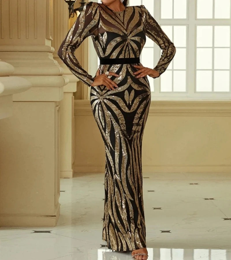 Prom dresses with lace - trimmed hems and off - the - shoulder necklines for a delicate look Elegant Long Sleeve Black Gold Sequins Evening Dress Prom dresses with lace - trimmed hems and off - the - shoulder necklines for a delicate look Elegant Long Sleeve Black Gold Sequins Evening Dress