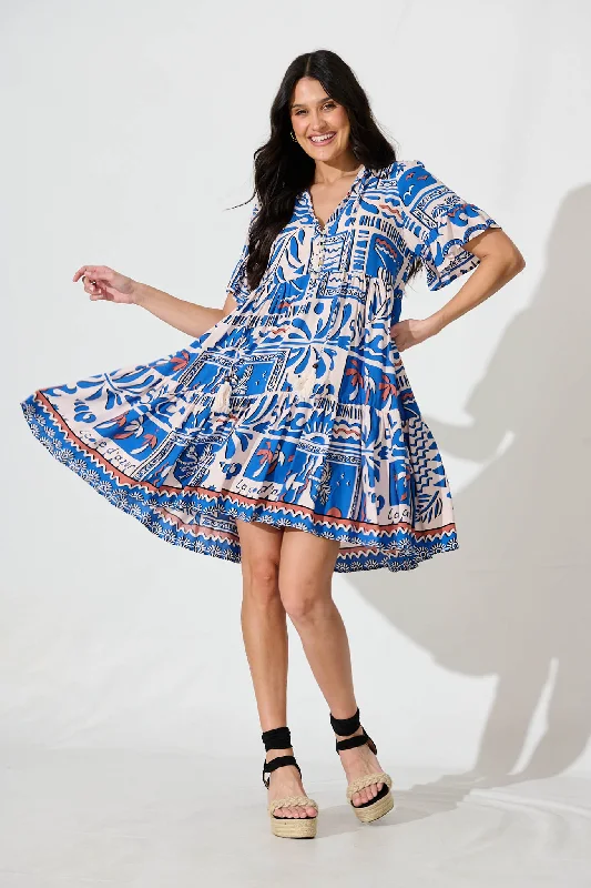  Northcote Smock Dress in Multi Blue Patchwork Print