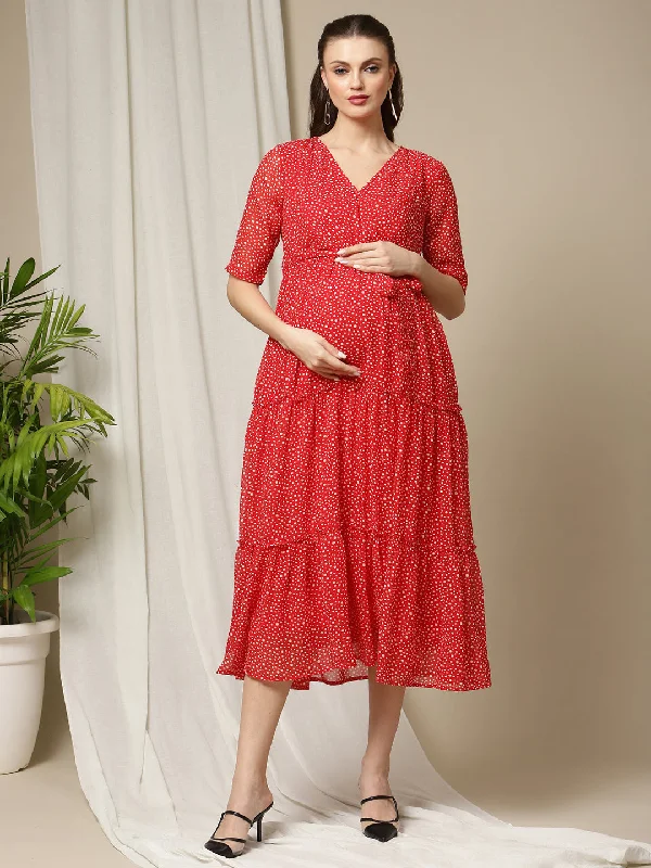 Bohemian style maternity dress for beach weddings Polka Dot Red Maternity Dress
